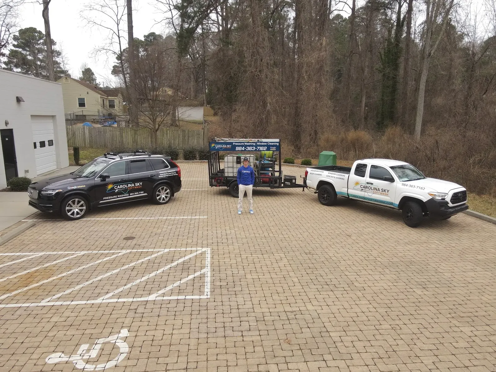 Carolina Sky Softwash commercial fleet of trucks and wash trailers