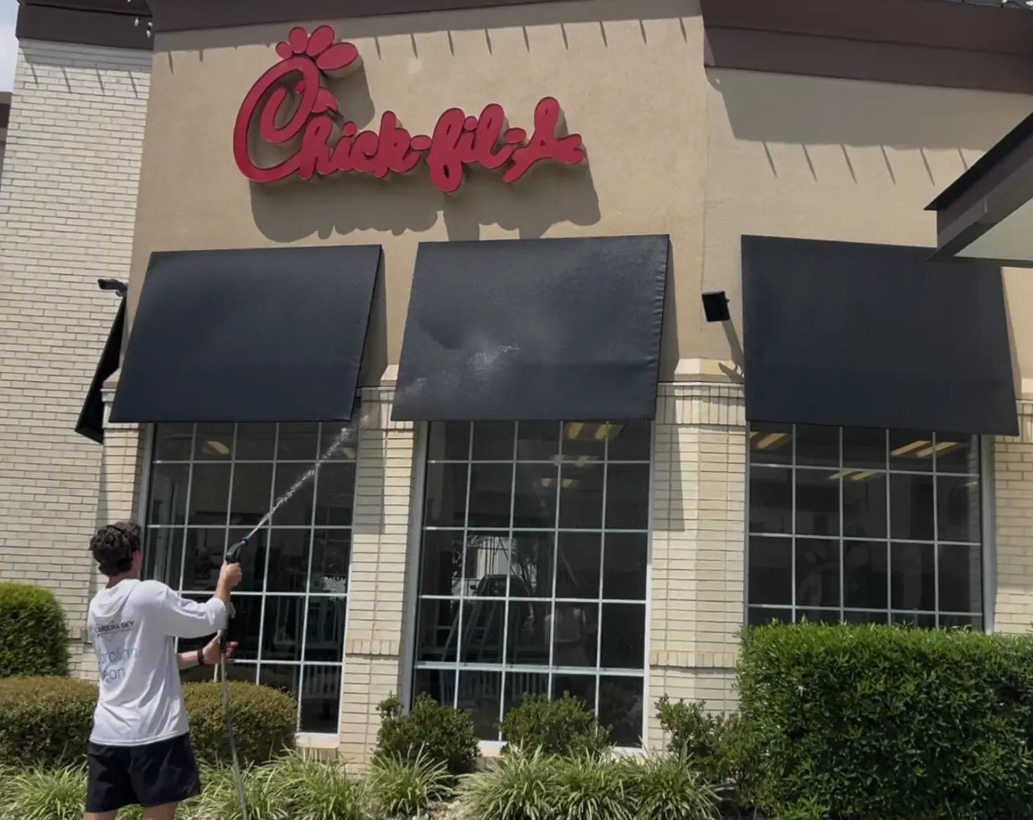 Restaurant awning and storefront cleaning at a Chick-fil-A